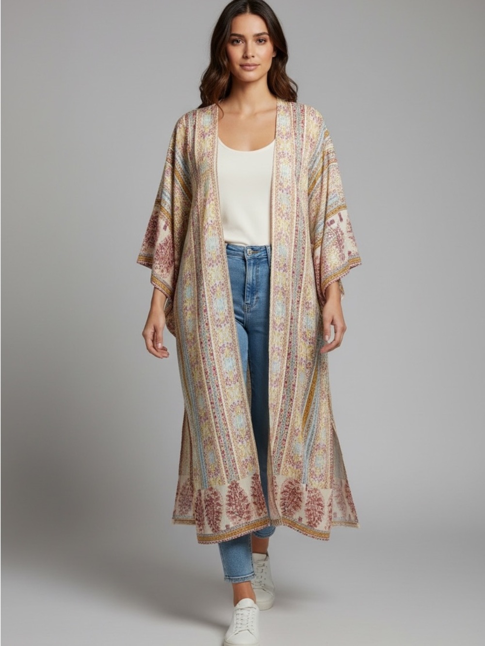 NWT Angie Printed Open Front Kimono Duster Cardigan Size Medium